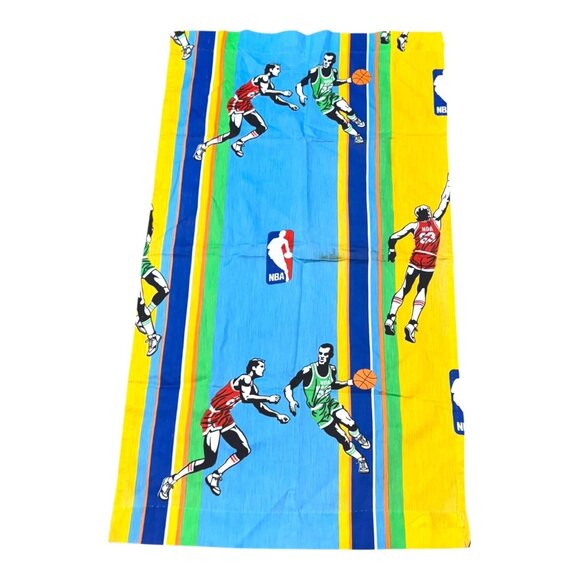 Vintage NBA Basketball Sports Curtain Cotton Blue Yellow Fabric Retro Design - Picture 1 of 5